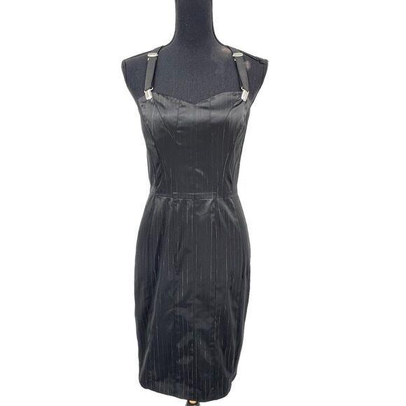 Y2K Betsey Johnson Black Pinstripe Satin Suspender Dress Whimsey Goth Grunge 4 - Picture 7 of 9